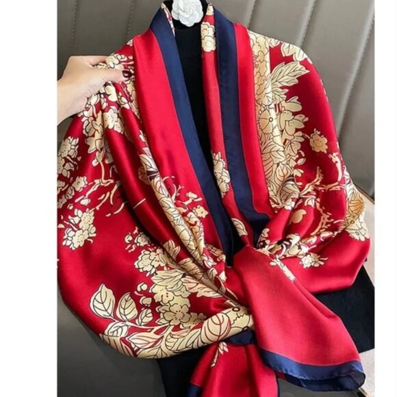 Beautiful  Red Soft Silk Feeling Floral Scarf Wrap - Picture 2 of 4